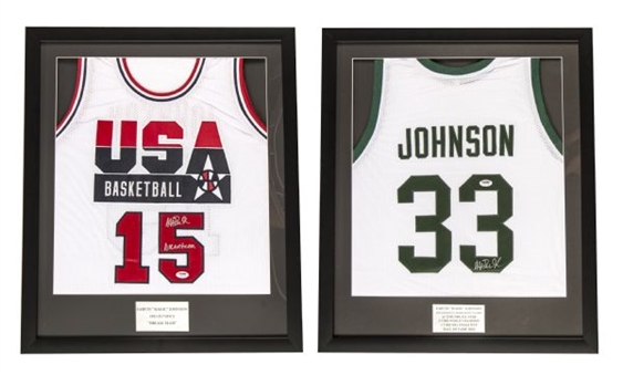 Magic Johnson Signed & Framed Jerseys (2) with Michigan State and USA Dream Team